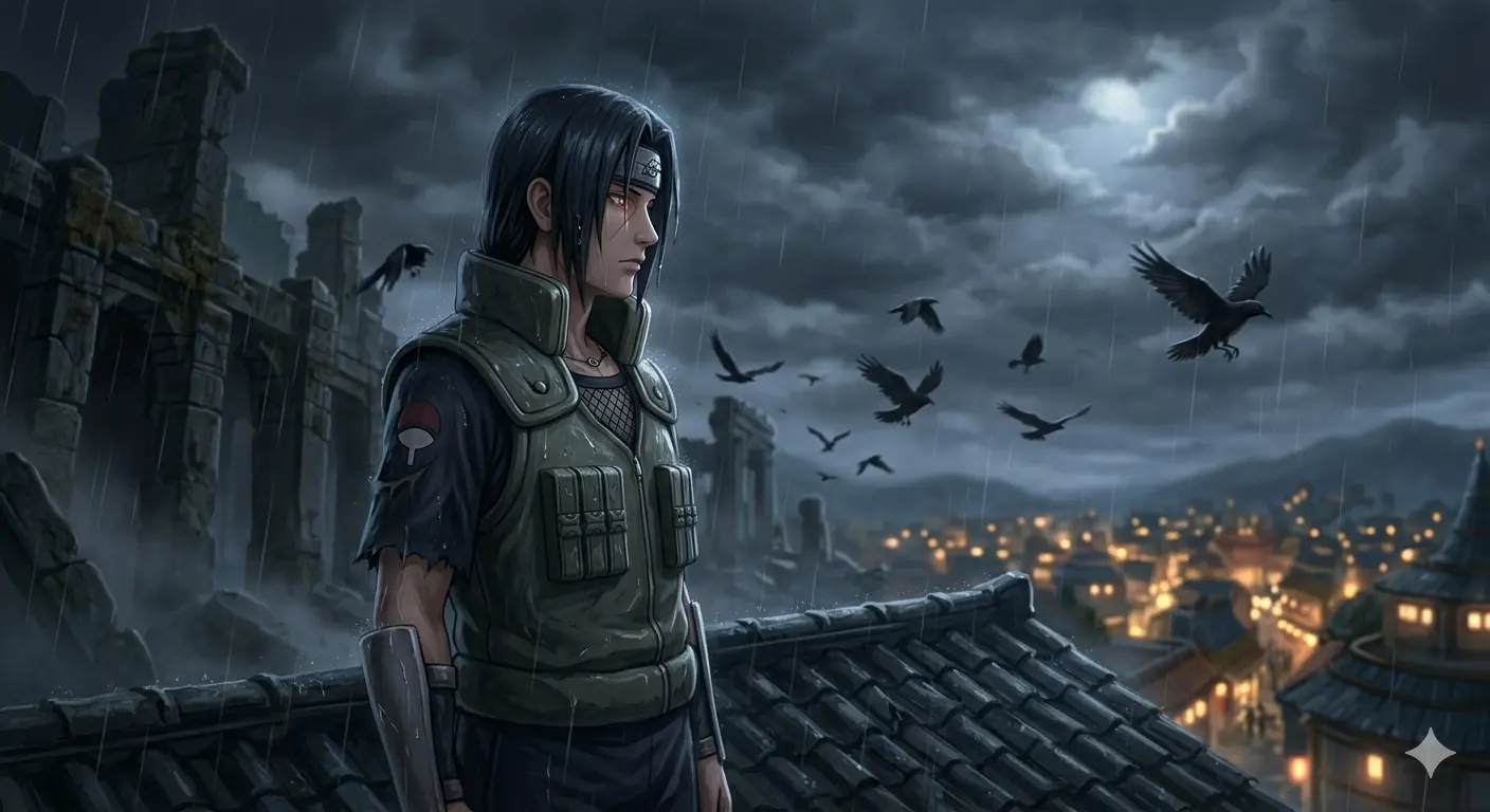 Itachi standing on the roof while raining